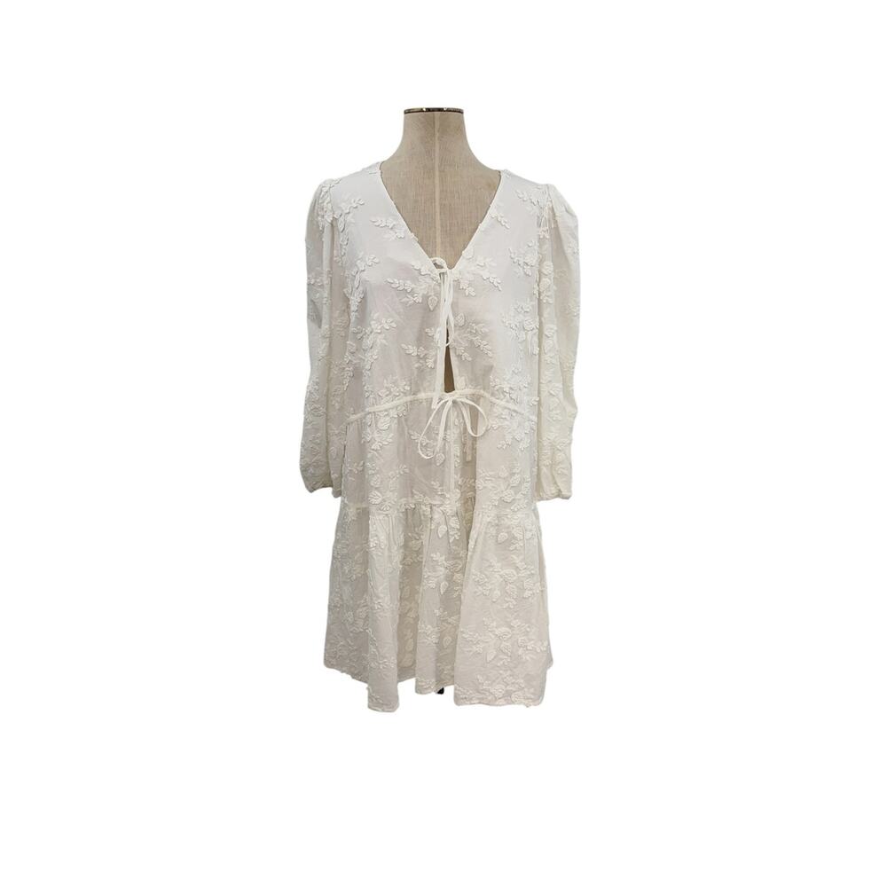 & Other Stories Embroidered Tie Front Cotton Mini Dress White US 12 - Picture 2 of 12